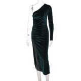 Slash Shoulder Pleated Split Midi Dress BLG-D1B7066A
