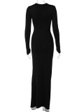 Sexy Deep V Neck Pleated Solid Maxi Dress BLG-D3512947A