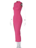 Solid Color O Neck Long Sleeve Split Maxi Dress BLG-D1B7226K