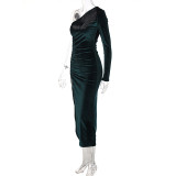 Slash Shoulder Pleated Split Midi Dress BLG-D1B7066A