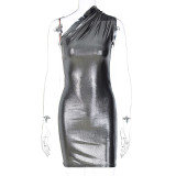 Solid Color Slant Shoulder Sleeveless Mini Dress BLG-D289917K