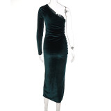 Slash Shoulder Pleated Split Midi Dress BLG-D1B7066A