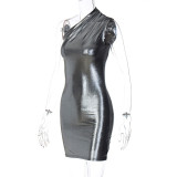 Solid Color Slant Shoulder Sleeveless Mini Dress BLG-D289917K