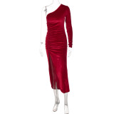 Slash Shoulder Pleated Split Midi Dress BLG-D1B7066A