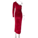 Slash Shoulder Pleated Split Midi Dress BLG-D1B7066A