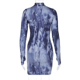 Casual Print Slim Long Sleeve Mini Dress BLG-D3612954K