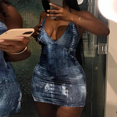 Printed V-Neck Backless Lace-Up Dress BLG-D3312195K