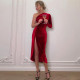 Slash Shoulder Pleated Split Midi Dress BLG-D1B7066A