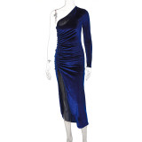 Slash Shoulder Pleated Split Midi Dress BLG-D1B7066A