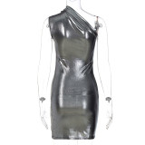 Solid Color Slant Shoulder Sleeveless Mini Dress BLG-D289917K
