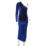 Slash Shoulder Pleated Split Midi Dress BLG-D1B7066A