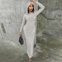 Slim Solid Color Backless Hooded Split Maxi Dress BLG-D3512950A