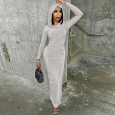 Slim Solid Color Backless Hooded Split Maxi Dress BLG-D3512950A