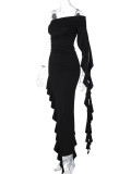 One Shoulder Pleated Solid Slim Long Dress BLG-D3412275A