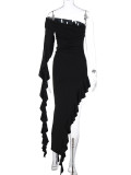 One Shoulder Pleated Solid Slim Long Dress BLG-D3412275A