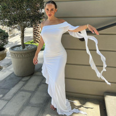 One Shoulder Pleated Solid Slim Long Dress BLG-D3412275A