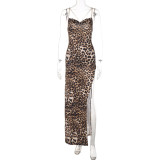 Leopard Print Backless Chain Tie Up Maxi Dress BLG-D1C7287A