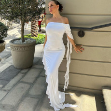 One Shoulder Pleated Solid Slim Long Dress BLG-D3412275A