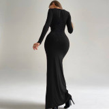 Solid Slim U Neck Long Sleeve Maxi Dress BLG-D3A14541K
