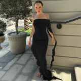 One Shoulder Pleated Solid Slim Long Dress BLG-D3412275A