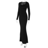 Solid Slim U Neck Long Sleeve Maxi Dress BLG-D3A14541K