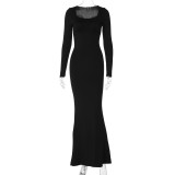 Solid Slim U Neck Long Sleeve Maxi Dress BLG-D3A14541K