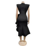 Fashion Solid Color Ruffle Irregular Dress(With Waist Belt) BY-6740