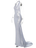 Sexy Backless Pleated Hanging Neck Dress BLG-D3713302K