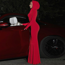 Solid Color Slim Hooded Long Sleeve Maxi Dress BLG-D3813926K
