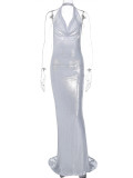 Sexy Backless Pleated Hanging Neck Dress BLG-D3713302K