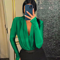 Sexy V-Neck Spliced Long Sleeve Bodysuit BLG-P2A10654A