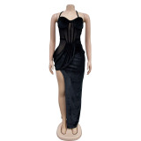 Solid Color Mesh Sling Split Maxi Dress BY-6732