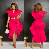 Fashion Solid Color Ruffle Irregular Dress(With Waist Belt) BY-6740