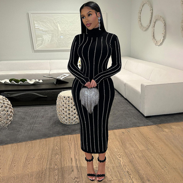 Fashion Hot Drill Slim Long Sleeve Midi Dress BLG-D3A14443K