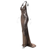 Sexy Backless Pleated Hanging Neck Dress BLG-D3713302K
