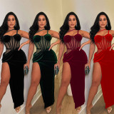 Solid Color Mesh Sling Split Maxi Dress BY-6732