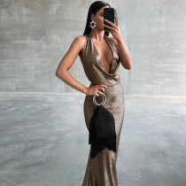 Sexy Backless Pleated Hanging Neck Dress BLG-D3713302K