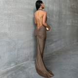 Sexy Backless Pleated Hanging Neck Dress BLG-D3713302K