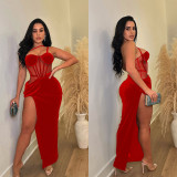 Solid Color Mesh Sling Split Maxi Dress BY-6732
