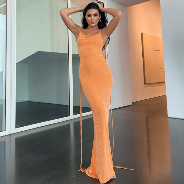 Sexy Tie Up Backless Solid Maxi Dress BLG-D248434A