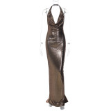 Sexy Backless Pleated Hanging Neck Dress BLG-D3713302K