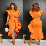 Fashion Solid Color Ruffle Irregular Dress(With Waist Belt) BY-6740