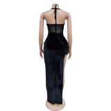 Solid Color Mesh Sling Split Maxi Dress BY-6732