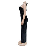 Solid Color Mesh Sling Split Maxi Dress BY-6732