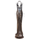 Sexy Backless Pleated Hanging Neck Dress BLG-D3713302K