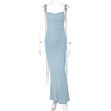 Sexy Tie Up Backless Solid Maxi Dress BLG-D248434A