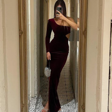 Hollow Out Split Slim One-Shoulder Dress BLG-D2A10677K
