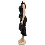 Fashion Solid Color Ruffle Irregular Dress(With Waist Belt) BY-6740