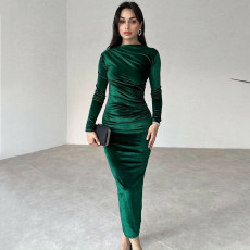 Solid Color Slim Pleated Long Sleeve Midi Dress BLG-D3B14885A