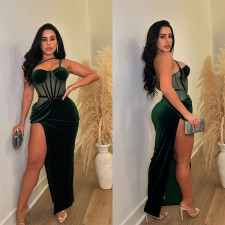 Solid Color Mesh Sling Split Maxi Dress BY-6732